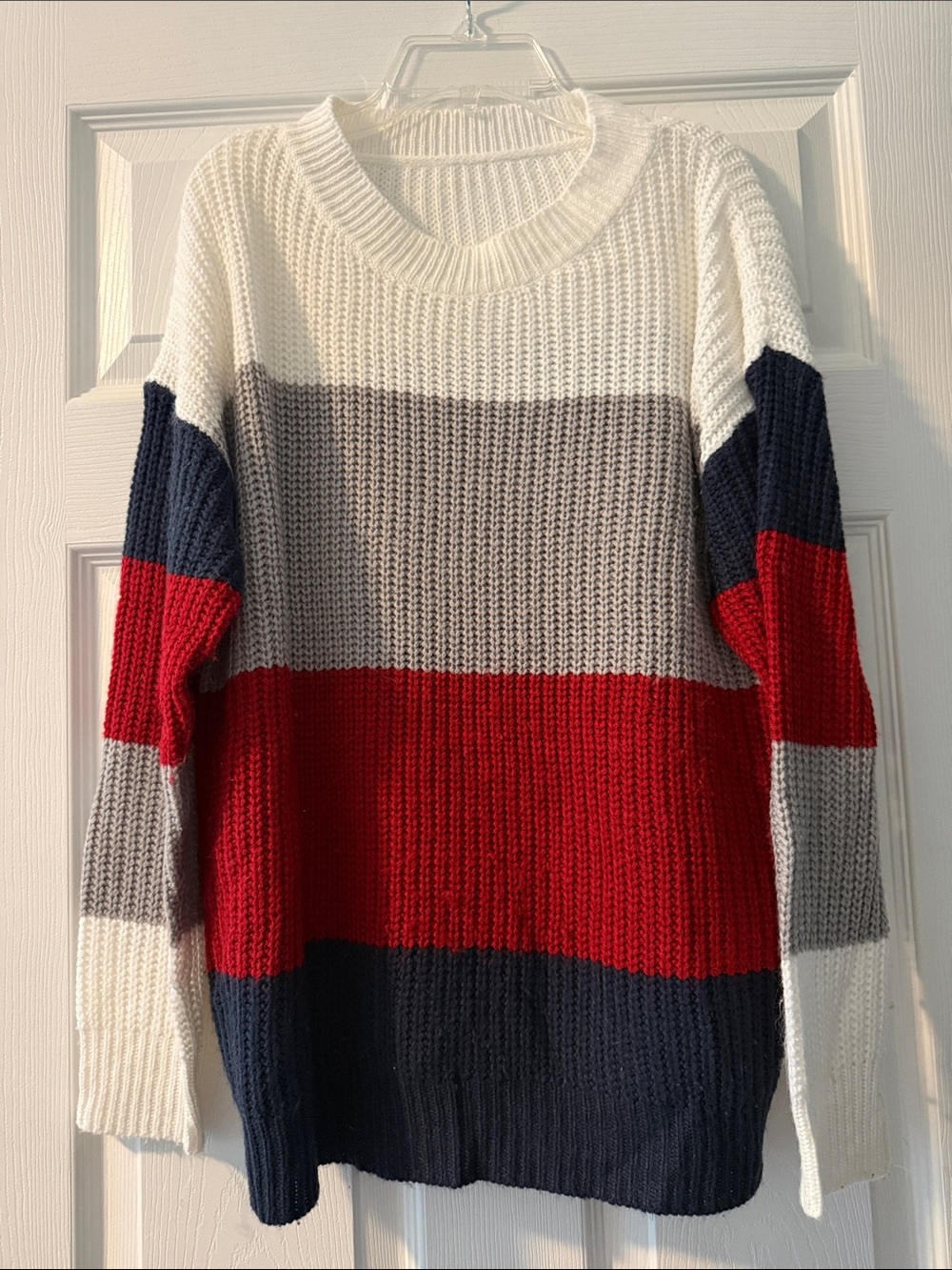 SHEIN Colorblock Crewneck Sweater in Cream, Gray, Red & Navy